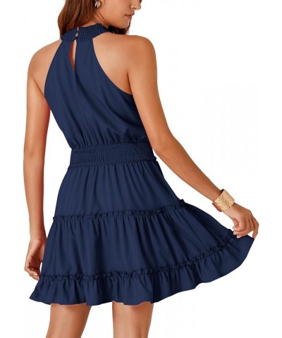 Women's Trim Halter Sleeveless Smocked High Waist Ruffle Layered Short Dress Navy Blue $18.86 Dresses