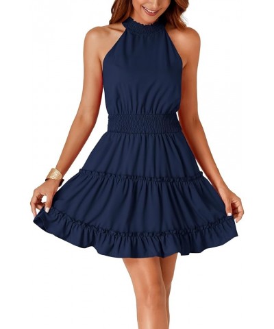 Women's Trim Halter Sleeveless Smocked High Waist Ruffle Layered Short Dress Navy Blue $18.86 Dresses