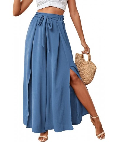 Women's Tie Front High Waist Side Split Slit Flowy Wide Leg Pleated Pant with Belt Lake Blue $18.35 Pants