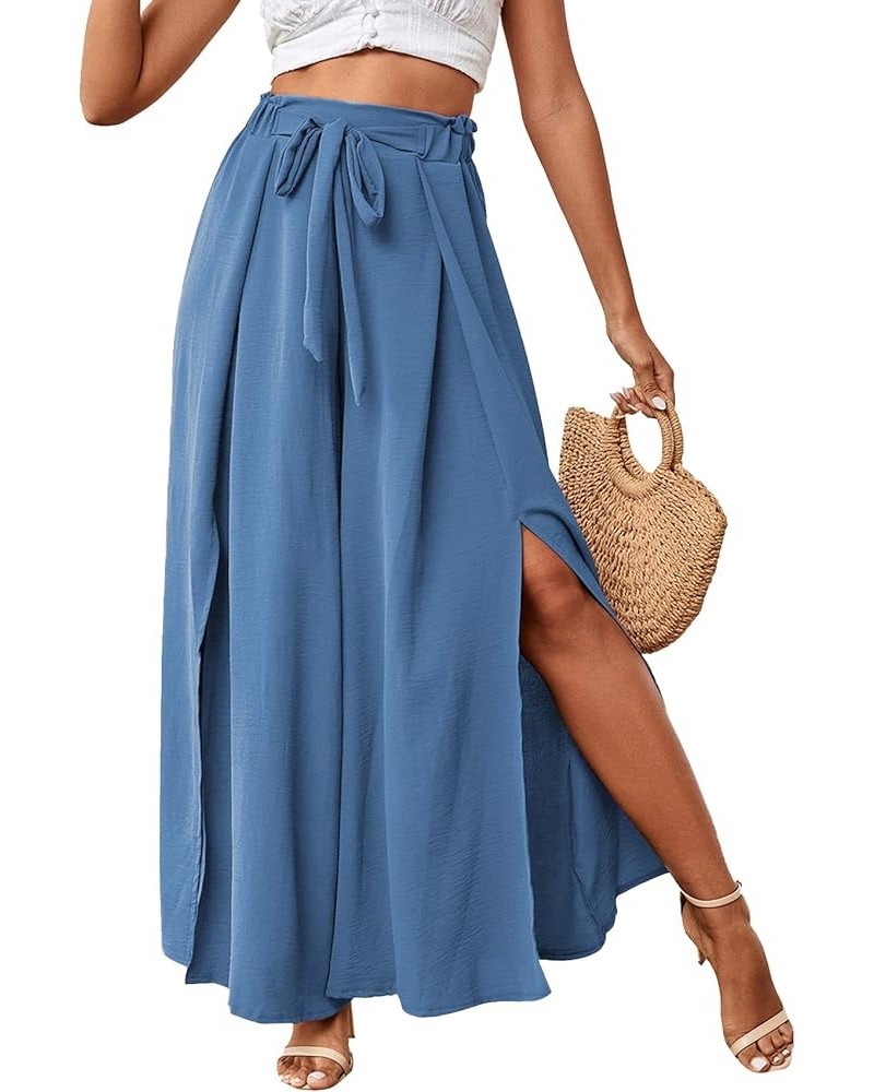 Women's Tie Front High Waist Side Split Slit Flowy Wide Leg Pleated Pant with Belt Lake Blue $18.35 Pants