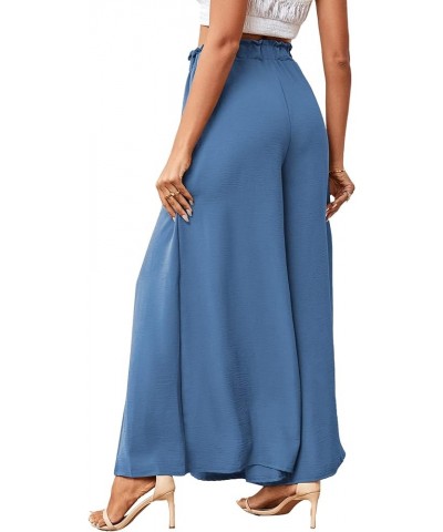 Women's Tie Front High Waist Side Split Slit Flowy Wide Leg Pleated Pant with Belt Lake Blue $18.35 Pants