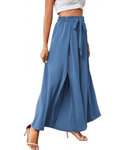 Women's Tie Front High Waist Side Split Slit Flowy Wide Leg Pleated Pant with Belt Lake Blue $18.35 Pants