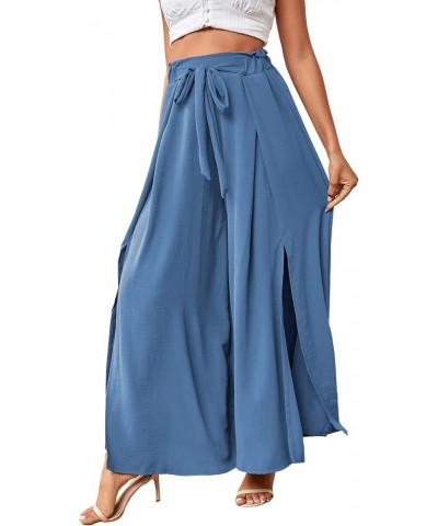 Women's Tie Front High Waist Side Split Slit Flowy Wide Leg Pleated Pant with Belt Lake Blue $18.35 Pants