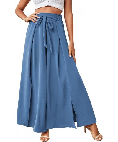 Women's Tie Front High Waist Side Split Slit Flowy Wide Leg Pleated Pant with Belt Lake Blue $18.35 Pants