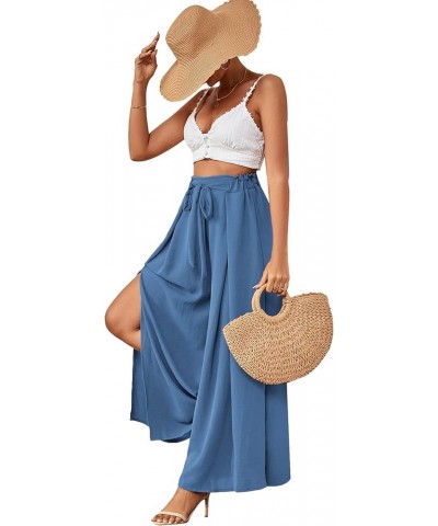 Women's Tie Front High Waist Side Split Slit Flowy Wide Leg Pleated Pant with Belt Lake Blue $18.35 Pants