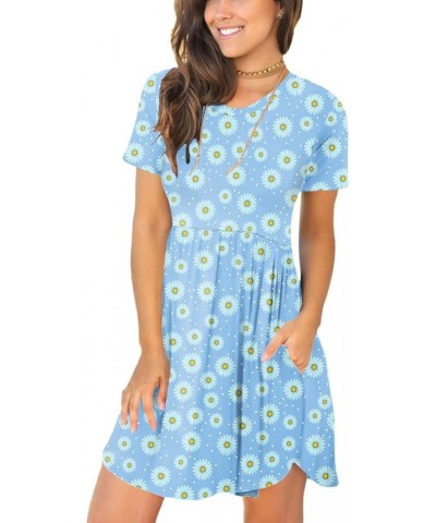 Women's 2024 Summer Short Sleeve Casual Dresses Hide Belly Fat Loose Fit Sundress with Pockets Blue Daisy $20.05 Dresses