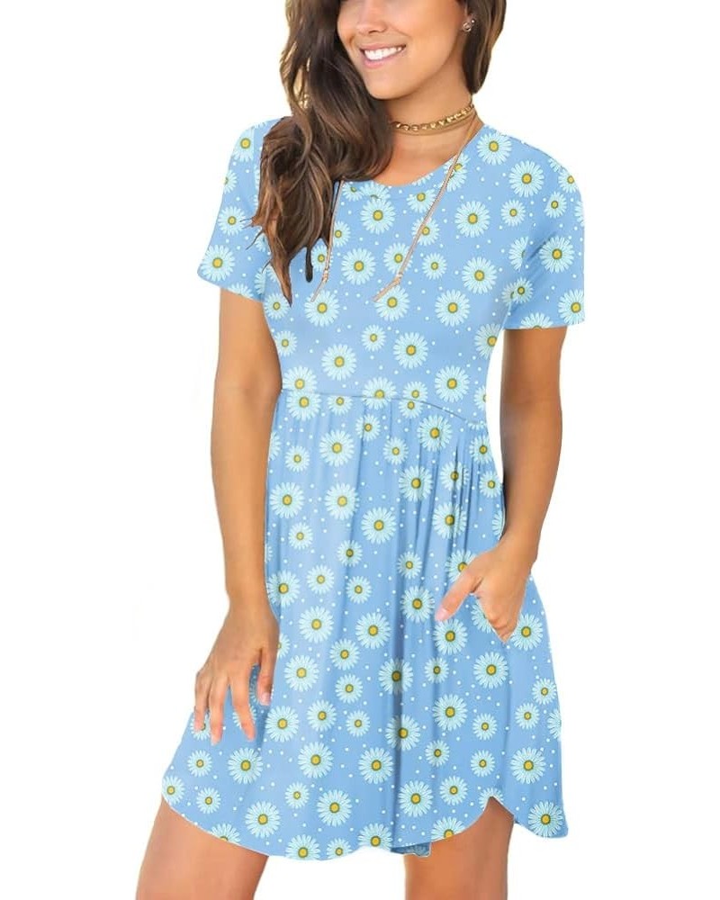 Women's 2024 Summer Short Sleeve Casual Dresses Hide Belly Fat Loose Fit Sundress with Pockets Blue Daisy $20.05 Dresses