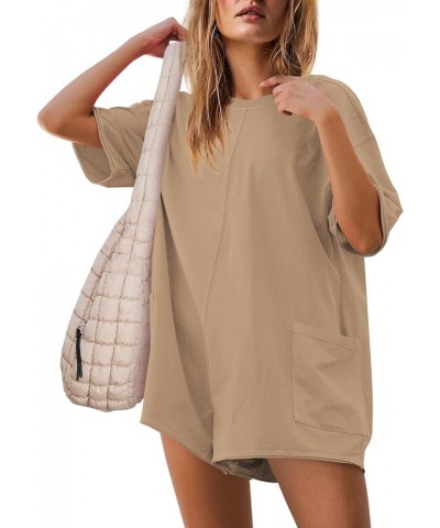 Womens Oversized Romper Back V Neck Half Sleeve Jumpsuit Crewneck Tee Romper Overalls with Pockets Khaki $17.50 Rompers