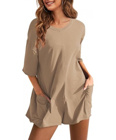 Womens Oversized Romper Back V Neck Half Sleeve Jumpsuit Crewneck Tee Romper Overalls with Pockets Khaki $17.50 Rompers