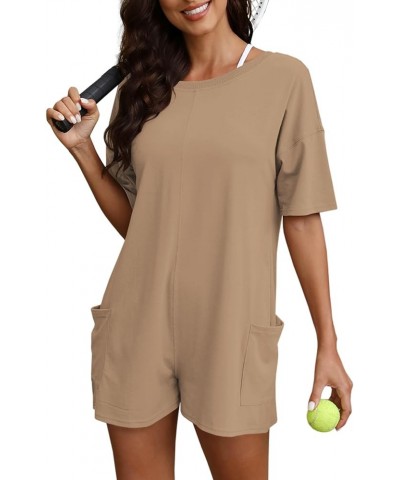 Womens Oversized Romper Back V Neck Half Sleeve Jumpsuit Crewneck Tee Romper Overalls with Pockets Khaki $17.50 Rompers