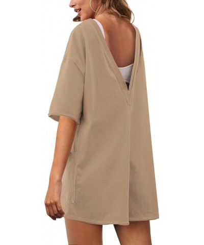 Womens Oversized Romper Back V Neck Half Sleeve Jumpsuit Crewneck Tee Romper Overalls with Pockets Khaki $17.50 Rompers