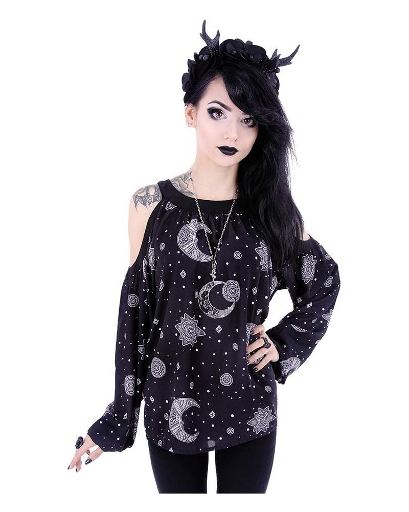 Restyle Moon Hippie Crescent Oversized Cold Shoulders Shirt, Black Black $17.52 Tops