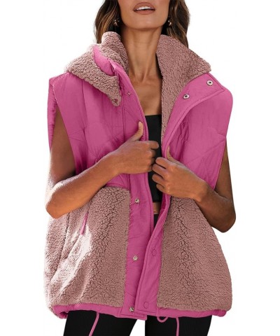 Womens Oversized Quilted Vest Color Block Fleece Vest Button Down Padded Outwear Removeable Hooded with Pockets Hot Pink-dark...