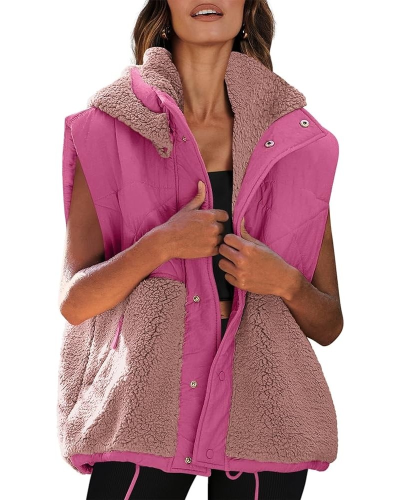 Womens Oversized Quilted Vest Color Block Fleece Vest Button Down Padded Outwear Removeable Hooded with Pockets Hot Pink-dark...