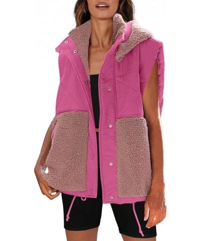 Womens Oversized Quilted Vest Color Block Fleece Vest Button Down Padded Outwear Removeable Hooded with Pockets Hot Pink-dark...