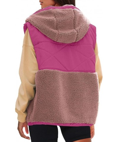 Womens Oversized Quilted Vest Color Block Fleece Vest Button Down Padded Outwear Removeable Hooded with Pockets Hot Pink-dark...