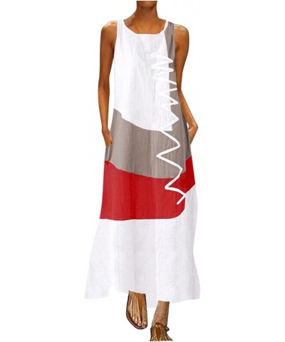 Women's Woman Long Dresses Casual Patchwork Bohemian O-Neck Maxi Dress Colorblock Print Dress Sun Dresses White $8.04 Dresses