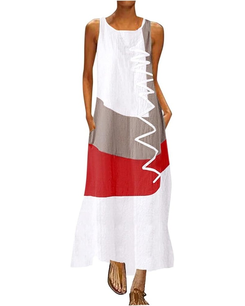 Women's Woman Long Dresses Casual Patchwork Bohemian O-Neck Maxi Dress Colorblock Print Dress Sun Dresses White $8.04 Dresses