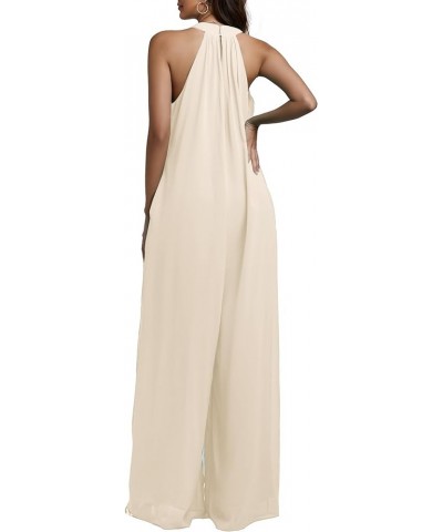 Women's Halter Neck Sleeveless Chiffon Wide Leg Long Pants Jumpsuit Romper Beige $21.42 Jumpsuits