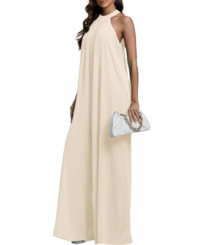 Women's Halter Neck Sleeveless Chiffon Wide Leg Long Pants Jumpsuit Romper Beige $21.42 Jumpsuits