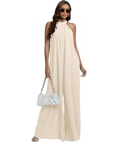 Women's Halter Neck Sleeveless Chiffon Wide Leg Long Pants Jumpsuit Romper Beige $21.42 Jumpsuits