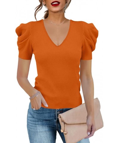 Women's Long Puff Sleeve Knit Pullover Sweaters Casual V Neck Ribbed Solid Soft Slim Fit Sweater Blouse Tops A-orange $22.19 ...