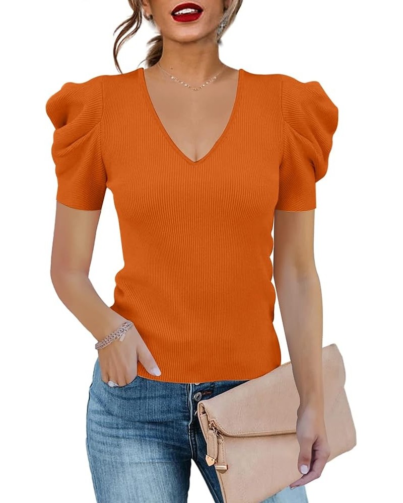 Women's Long Puff Sleeve Knit Pullover Sweaters Casual V Neck Ribbed Solid Soft Slim Fit Sweater Blouse Tops A-orange $22.19 ...