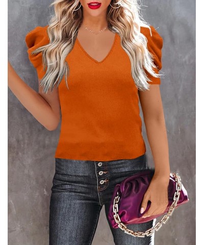 Women's Long Puff Sleeve Knit Pullover Sweaters Casual V Neck Ribbed Solid Soft Slim Fit Sweater Blouse Tops A-orange $22.19 ...