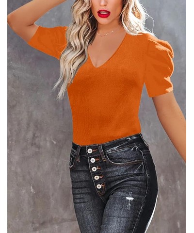 Women's Long Puff Sleeve Knit Pullover Sweaters Casual V Neck Ribbed Solid Soft Slim Fit Sweater Blouse Tops A-orange $22.19 ...