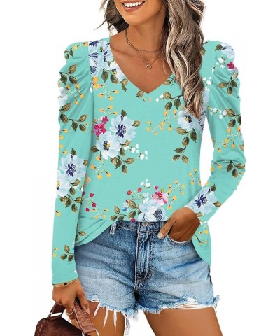 Women's Long Puff Sleeve V-Neck Tunic Tops Casual T-shirt Basic Blouse Loose Tee For Legging Mint Green $15.39 Tops