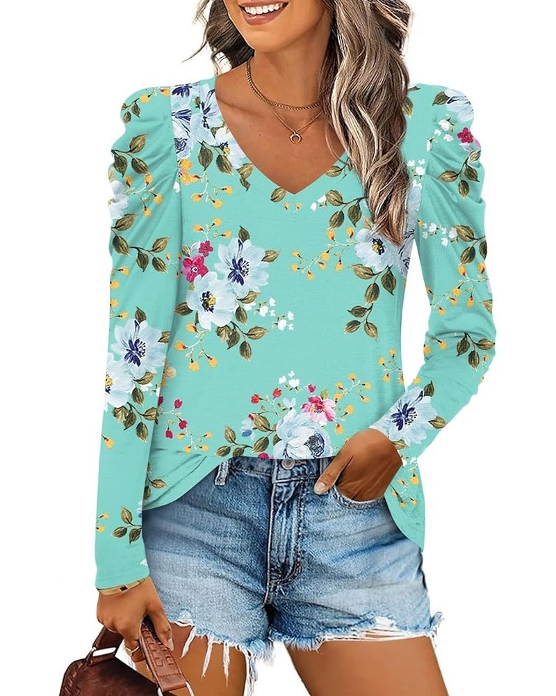 Women's Long Puff Sleeve V-Neck Tunic Tops Casual T-shirt Basic Blouse Loose Tee For Legging Mint Green $15.39 Tops