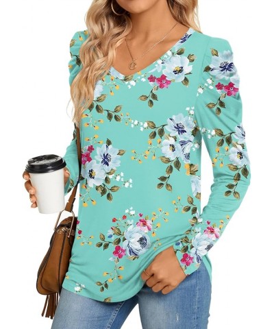 Women's Long Puff Sleeve V-Neck Tunic Tops Casual T-shirt Basic Blouse Loose Tee For Legging Mint Green $15.39 Tops