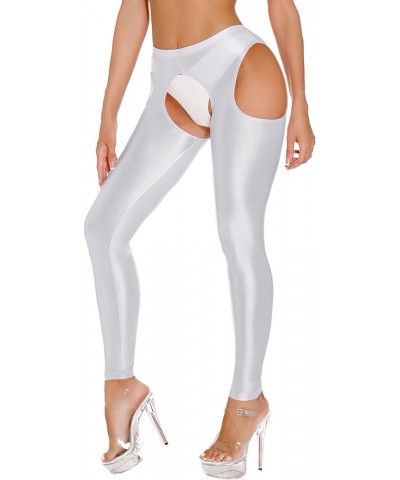 Womens Glossy Cutout Leggings High Waist Open Crotch Thigh High Stretchy Yoga Skinny Pants White $9.32 Leggings