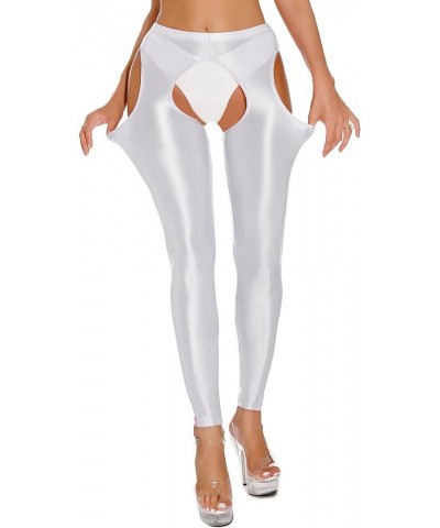 Womens Glossy Cutout Leggings High Waist Open Crotch Thigh High Stretchy Yoga Skinny Pants White $9.32 Leggings