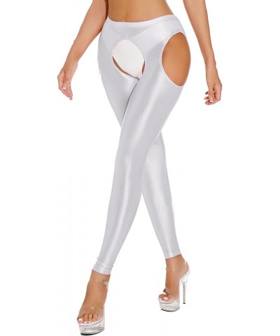 Womens Glossy Cutout Leggings High Waist Open Crotch Thigh High Stretchy Yoga Skinny Pants White $9.32 Leggings