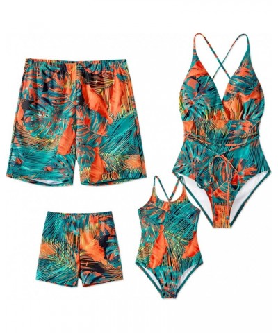 Mommy and Me Matching Swimsuit One Piece Leaves Printed V Neck Bathing Suits Family Swimwear Matching Set Men Orange&green $1...