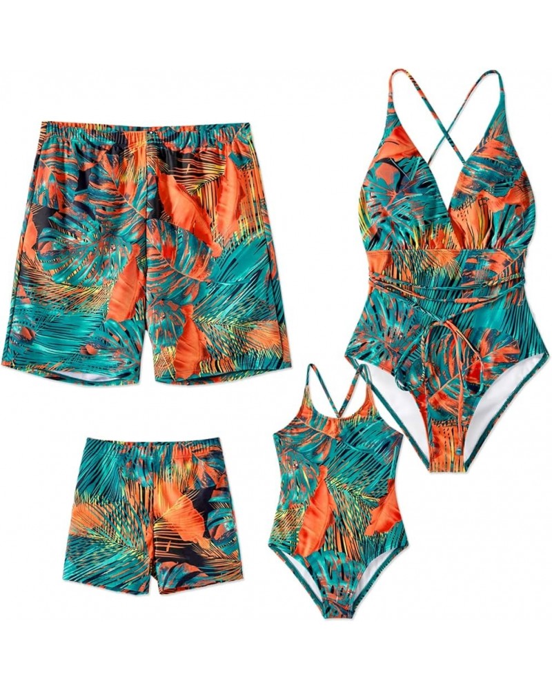 Mommy and Me Matching Swimsuit One Piece Leaves Printed V Neck Bathing Suits Family Swimwear Matching Set Men Orange&green $1...