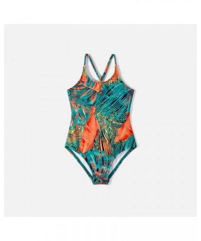 Mommy and Me Matching Swimsuit One Piece Leaves Printed V Neck Bathing Suits Family Swimwear Matching Set Men Orange&green $1...