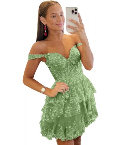 Off The Shoulder Homecoming Dresses Short Sparkly Prom Dress for Teens Tulle Tired Formal Cocktail Gown Sage Green $33.65 Dre...