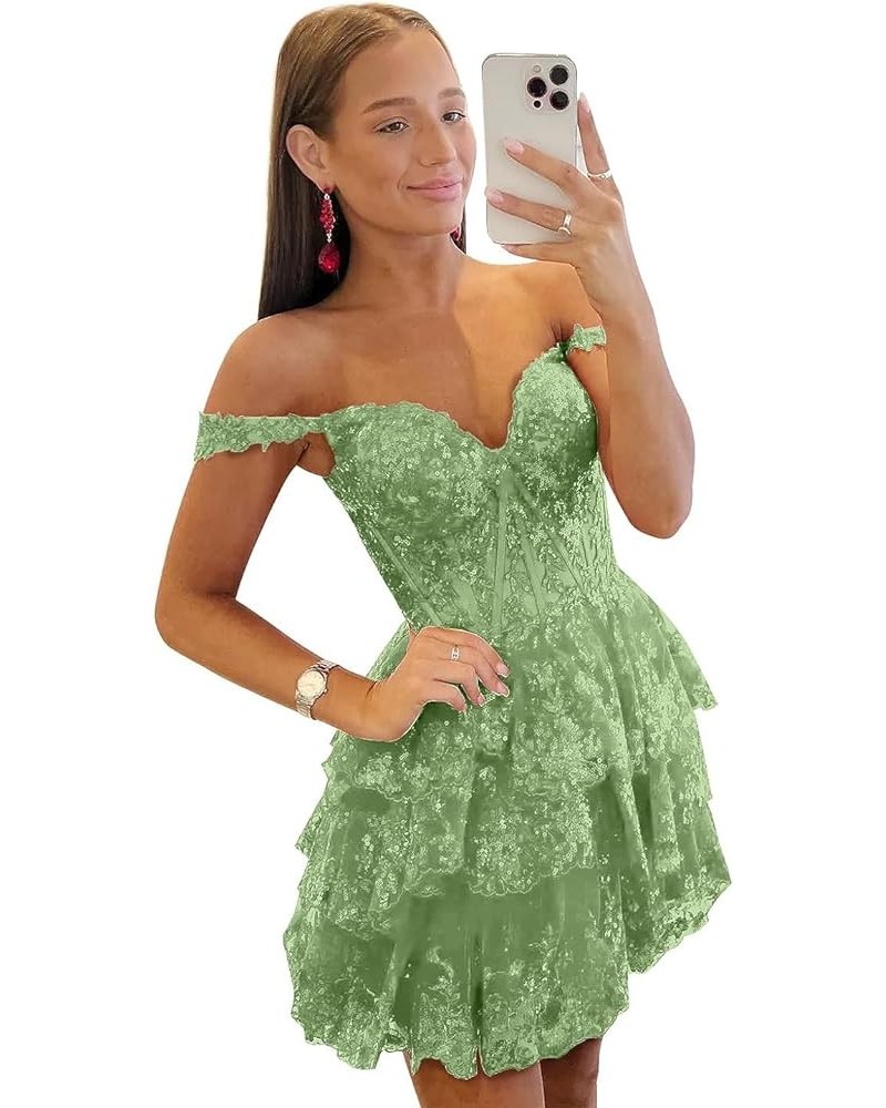 Off The Shoulder Homecoming Dresses Short Sparkly Prom Dress for Teens Tulle Tired Formal Cocktail Gown Sage Green $33.65 Dre...