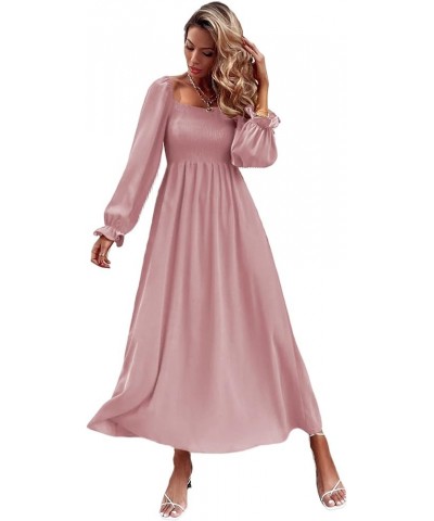 Women's Boho Square Neck Smocked Long Puff Sleeve A Line Maxi Dress Dusty Pink $26.88 Dresses