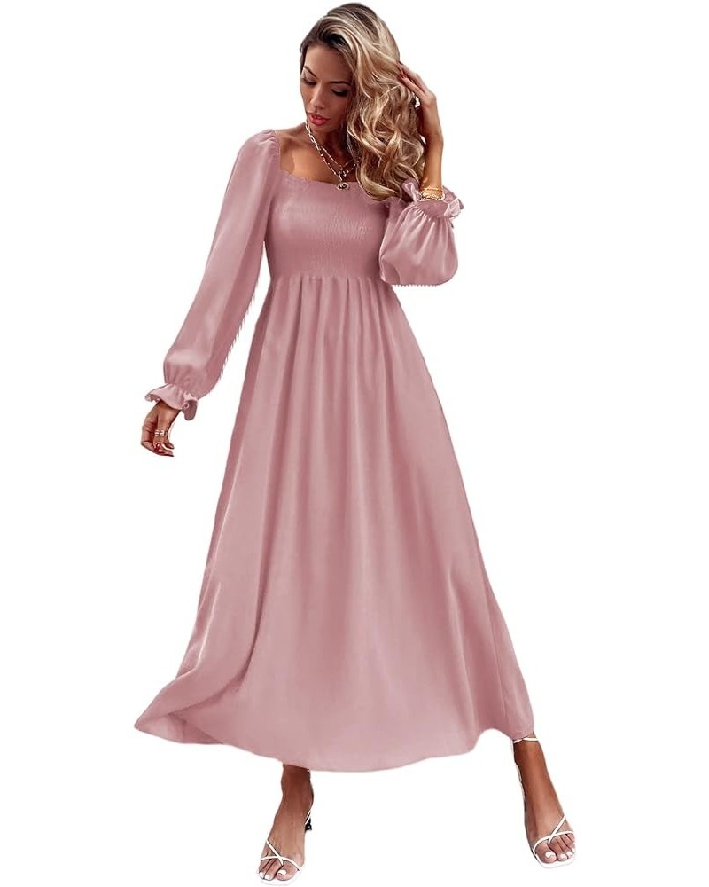 Women's Boho Square Neck Smocked Long Puff Sleeve A Line Maxi Dress Dusty Pink $26.88 Dresses