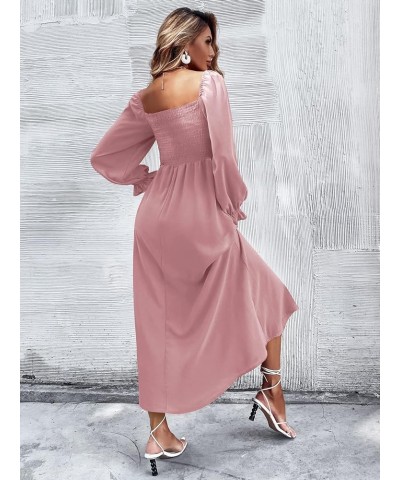 Women's Boho Square Neck Smocked Long Puff Sleeve A Line Maxi Dress Dusty Pink $26.88 Dresses