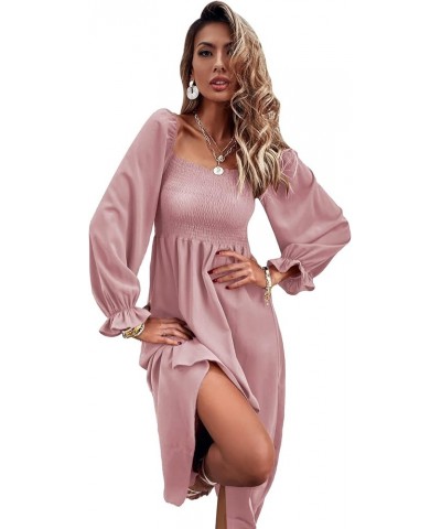 Women's Boho Square Neck Smocked Long Puff Sleeve A Line Maxi Dress Dusty Pink $26.88 Dresses