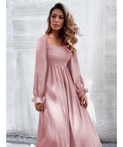 Women's Boho Square Neck Smocked Long Puff Sleeve A Line Maxi Dress Dusty Pink $26.88 Dresses