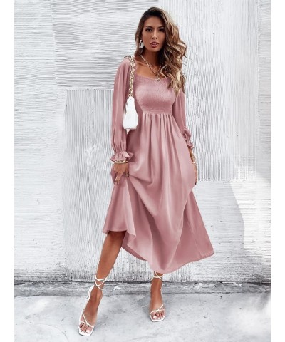 Women's Boho Square Neck Smocked Long Puff Sleeve A Line Maxi Dress Dusty Pink $26.88 Dresses