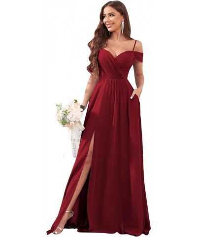 Women's Off Shoulder Bridesmaid Dresses Long Slit Chiffon Ruched Evening Formal Dress with Pockets Burgundy $28.00 Dresses