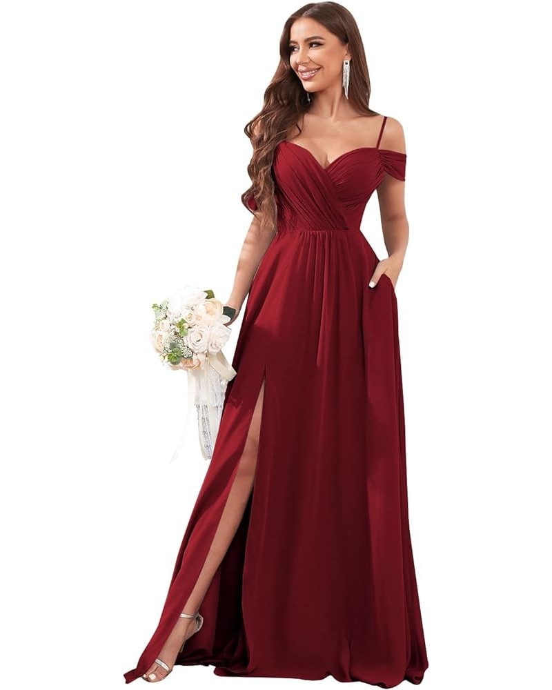 Women's Off Shoulder Bridesmaid Dresses Long Slit Chiffon Ruched Evening Formal Dress with Pockets Burgundy $28.00 Dresses