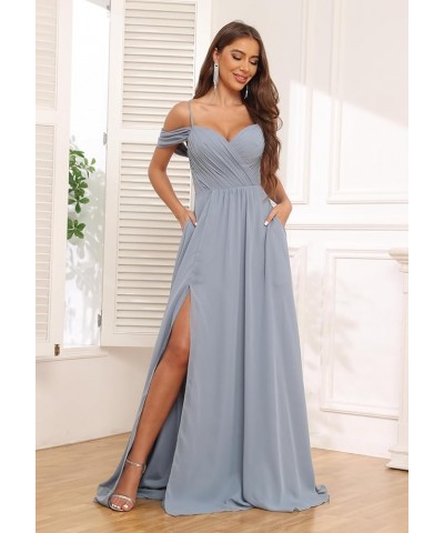 Women's Off Shoulder Bridesmaid Dresses Long Slit Chiffon Ruched Evening Formal Dress with Pockets Burgundy $28.00 Dresses