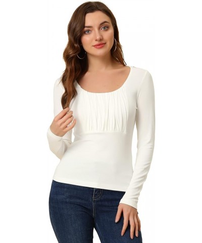 Women's Scoop Neck Long Sleeves Solid Bust Ruched Casual Fitted Top Beige $13.92 Blouses